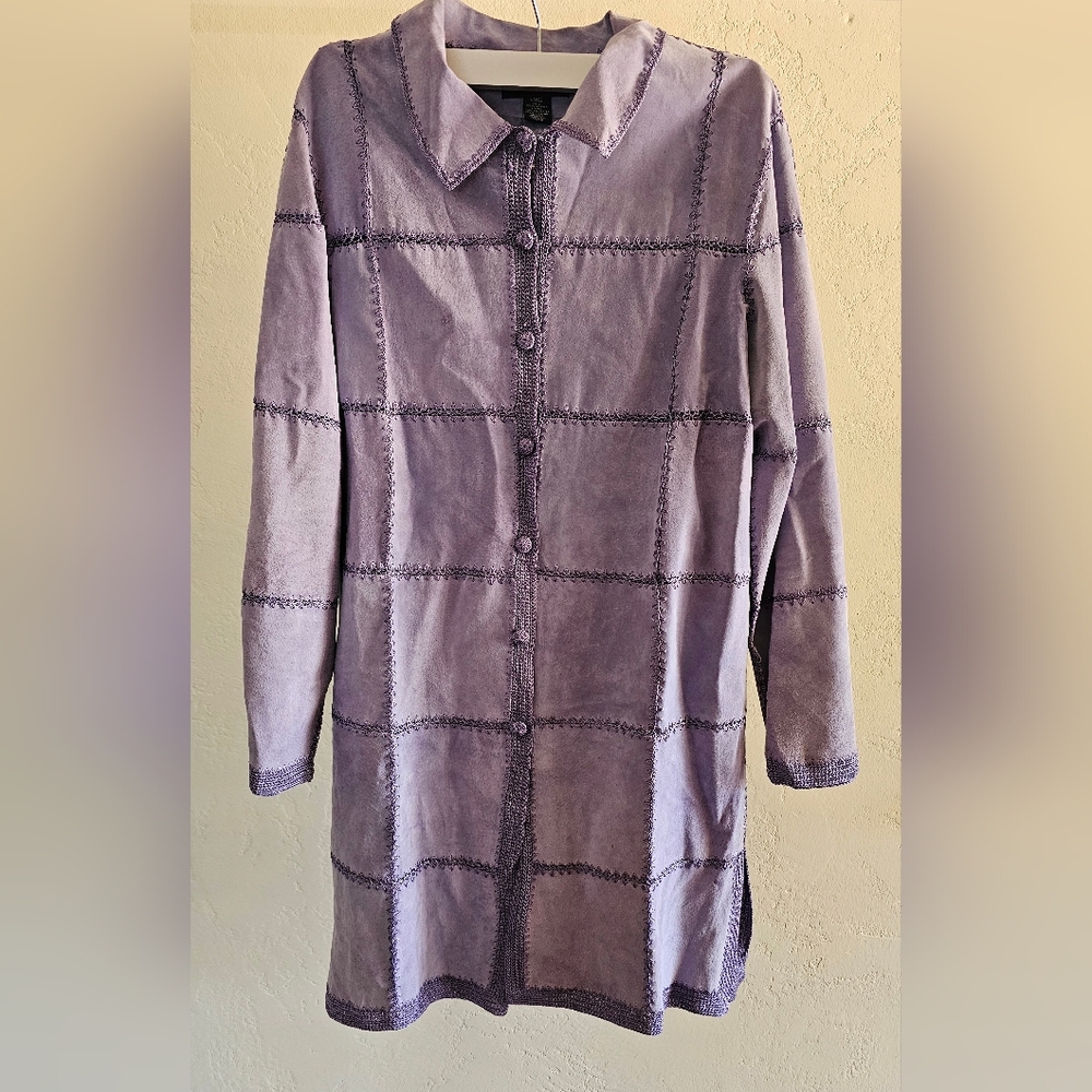 Denim&Co VTG Lavander Leather Crochet Accents Boho‎ Y2K Button-Up Coat Sz L
